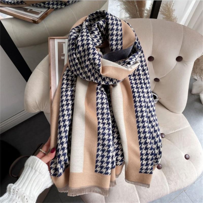 Shop 0 Thick Warm Winter Scarf Houndstooth Design Print Women Cashmere Pashmina Shawl Lady Wrap Scarves Knitted Female Foulard Blanket Mademoiselle Home Decor