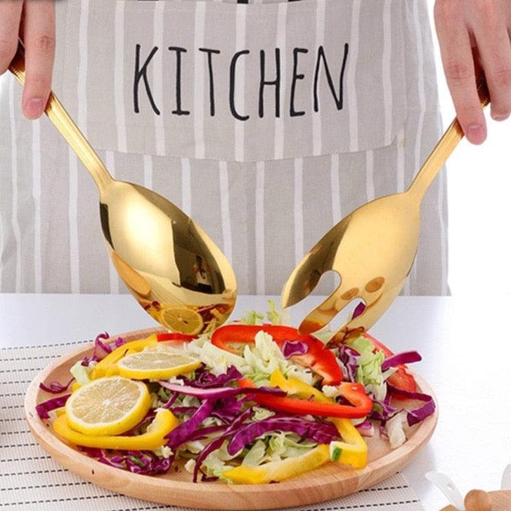 Shop 0 Big Salad Spoon Fork Set Stainless Steel Kitchen Food Server Pasta Utensils Public Gold Tableware Using Buffet Restaurant Tools Mademoiselle Home Decor