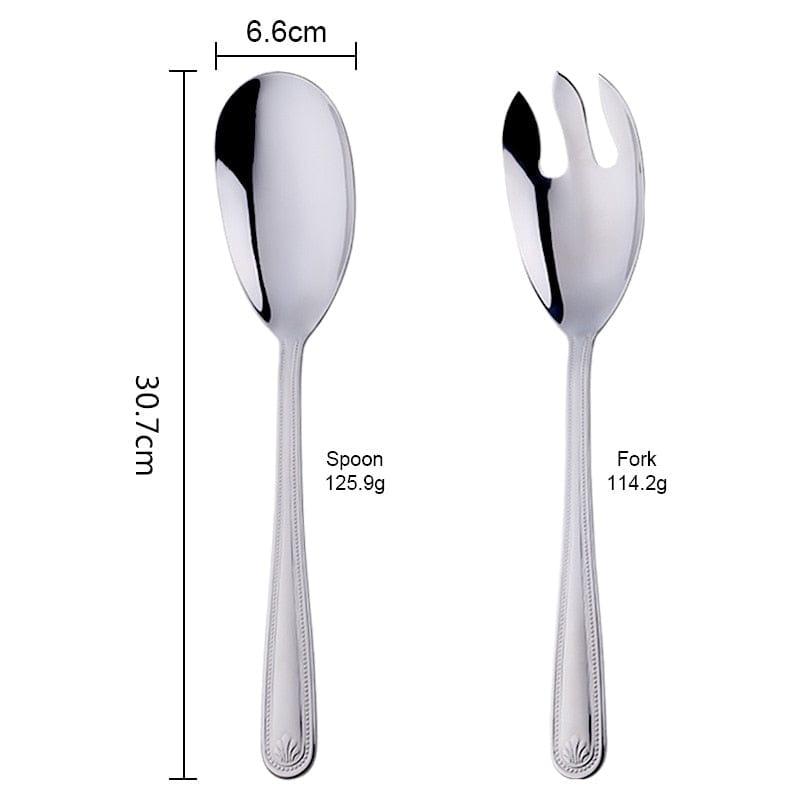 Shop 0 1 Set(2 Pcs) / Silver Big Salad Spoon Fork Set Stainless Steel Kitchen Food Server Pasta Utensils Public Gold Tableware Using Buffet Restaurant Tools Mademoiselle Home Decor