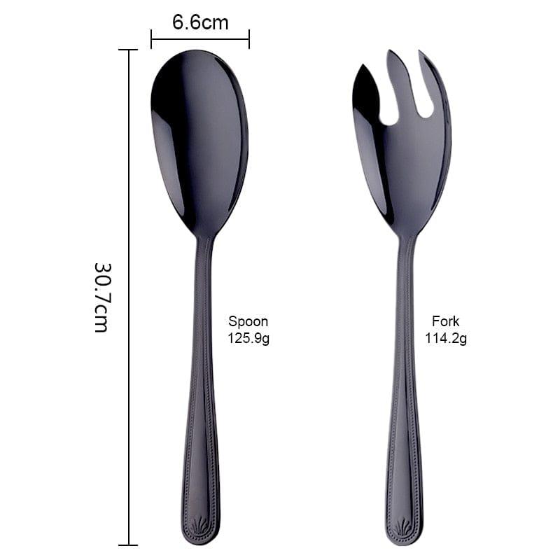 Shop 0 1 Set(2 Pcs) / Black Big Salad Spoon Fork Set Stainless Steel Kitchen Food Server Pasta Utensils Public Gold Tableware Using Buffet Restaurant Tools Mademoiselle Home Decor