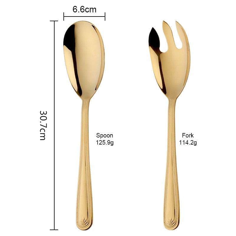 Shop 0 1 Set(2 Pcs) / Gold Big Salad Spoon Fork Set Stainless Steel Kitchen Food Server Pasta Utensils Public Gold Tableware Using Buffet Restaurant Tools Mademoiselle Home Decor