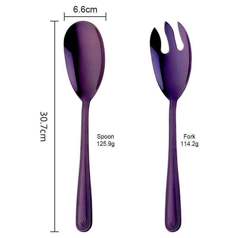 Shop 0 1 Set(2 Pcs) / Purple Big Salad Spoon Fork Set Stainless Steel Kitchen Food Server Pasta Utensils Public Gold Tableware Using Buffet Restaurant Tools Mademoiselle Home Decor